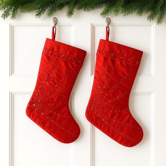 Winter Wonder Red Christmas Stockings Set 2 Satin Love Couple Sequin Starburst - Picture 1 of 11